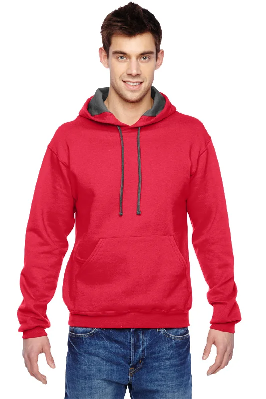 Men's tech-fabric athletic hoodie-Fruit Of The Loom Mens Softspun Hooded Sweatshirt Hoodie w/ Pouch Pocket - Fiery Red - Closeout