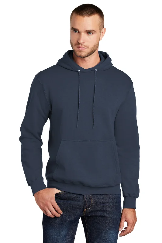 Men's organic gym hoodie-Port & Company Mens Core Pill Resistant Fleece Hooded Sweatshirt Hoodie w/ Pouch Pocket - Navy Blue