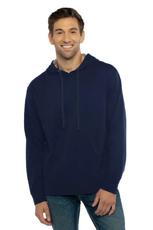 Men's sporty workout hoodie-Next Level Mens French Terry Fleece Hooded Sweatshirt Hoodie w/ Pouch Pocket - Midnight Navy Blue/Heather Grey