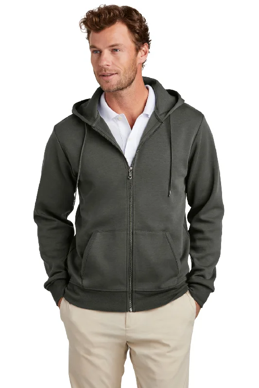 Men's comfortable streetwear hoodie-Brooks Brothers Mens Double Knit Full Zip Hooded Sweatshirt Hoodie w/ Pockets - Windsor Grey