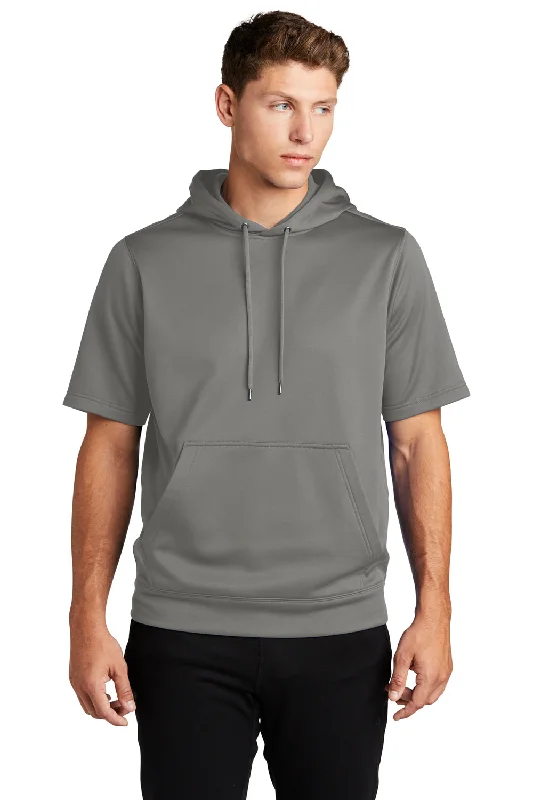 Men's eco-conscious gym hoodie-Sport-Tek Mens Moisture Wicking Fleece Short Sleeve Hooded Sweatshirt Hoodie w/ Pouch Pocket - Dark Smoke Grey