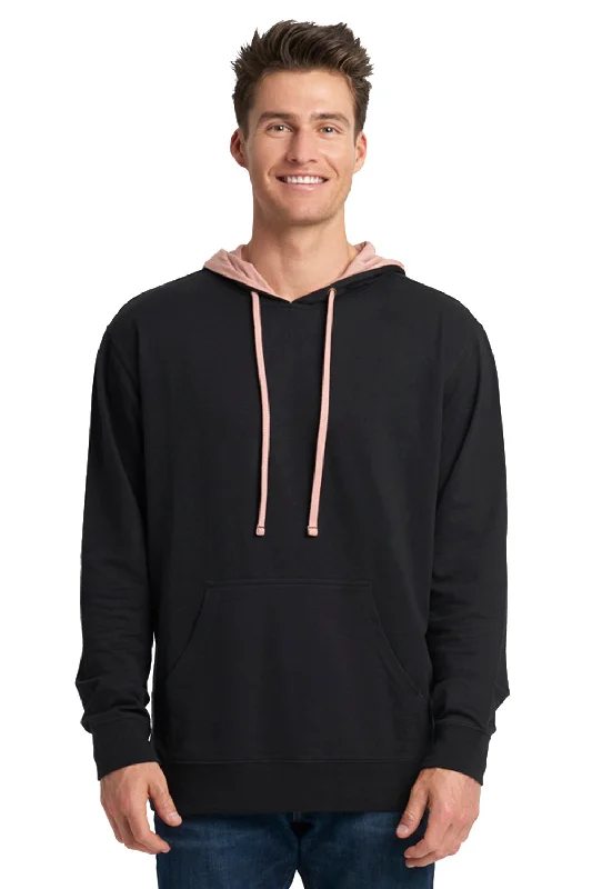 Men's ultra-breathable gym hoodie-Next Level Mens French Terry Fleece Hooded Sweatshirt Hoodie w/ Pouch Pocket - Black/Desert Pink - Closeout