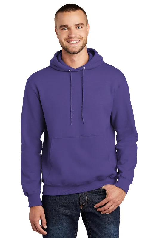 Men's lightweight gym hoodie-Port & Company Mens Essential Pill Resistant Fleece Hooded Sweatshirt Hoodie w/ Pouch Pocket - Purple