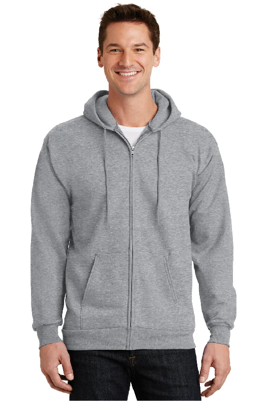 Men's sporty gym hoodie-Port & Company Mens Essential Pill Resistant Fleece Full Zip Hooded Sweatshirt Hoodie w/ Pockets - Heather Grey