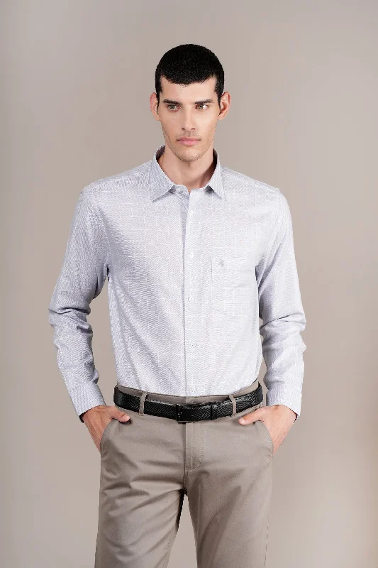 Men's comfortable gym wear shirt-Men's Grey Check Full Sleeves Formal Shirt