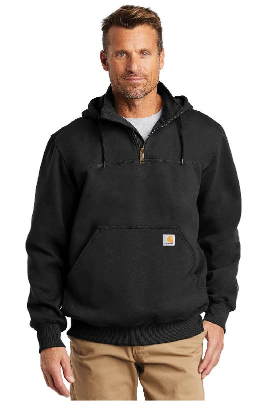 Men's wrinkle-resistant athletic hoodie-Carhartt Mens Paxton Rain Defender Water Resistant 1/4 Zip Hooded Sweatshirt Hoodie w/ Pouch Pocket - Black