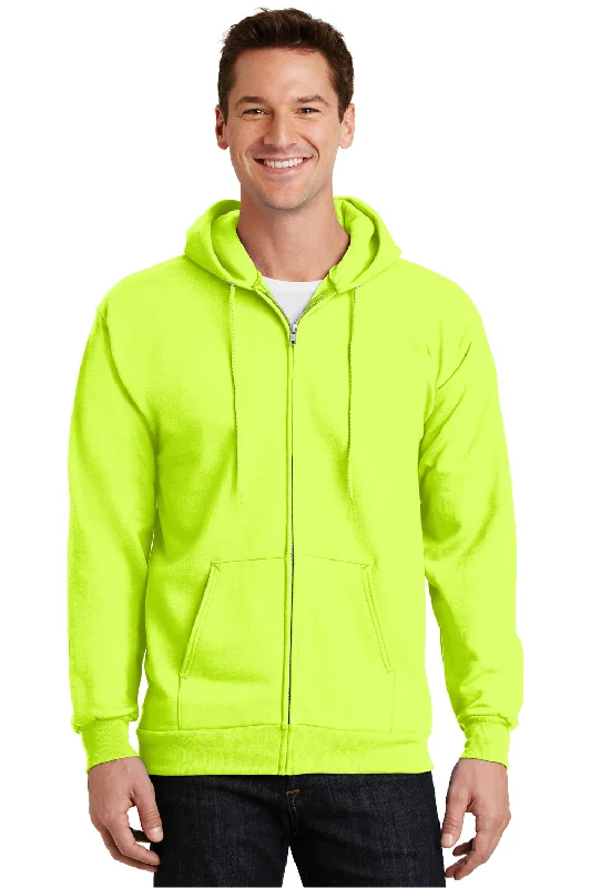 Men's wrinkle-resistant athletic hoodie-Port & Company Mens Essential Pill Resistant Fleece Full Zip Hooded Sweatshirt Hoodie w/ Pockets - Safety Green