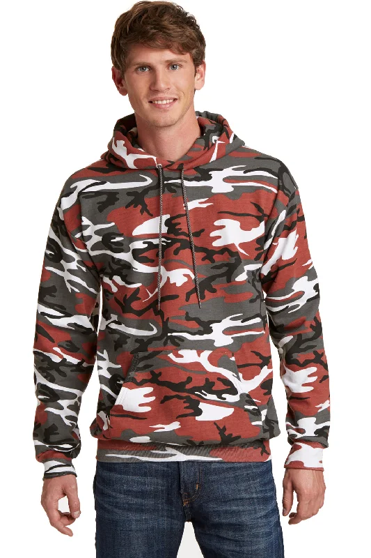 Men's relaxed fit travel hoodie-Port & Company Mens Core Pill Resistant Fleece Hooded Sweatshirt Hoodie w/ Pouch Pocket - Red Camo