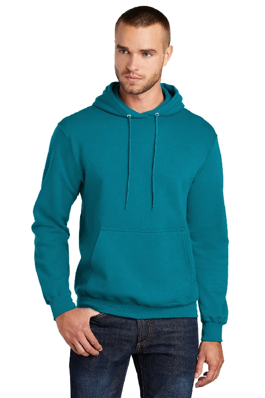 Men's pre-shrunk running hoodie-Port & Company Mens Core Pill Resistant Fleece Hooded Sweatshirt Hoodie w/ Pouch Pocket - Teal Green