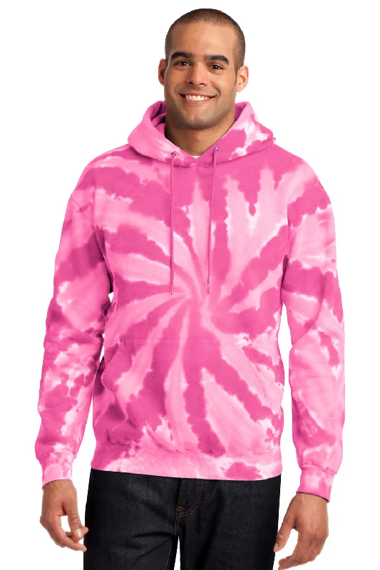 Men's adventure-ready travel hoodie-Port & Company Mens Tie-Dye Fleece Hooded Sweatshirt Hoodie w/ Pouch Pocket - Pink