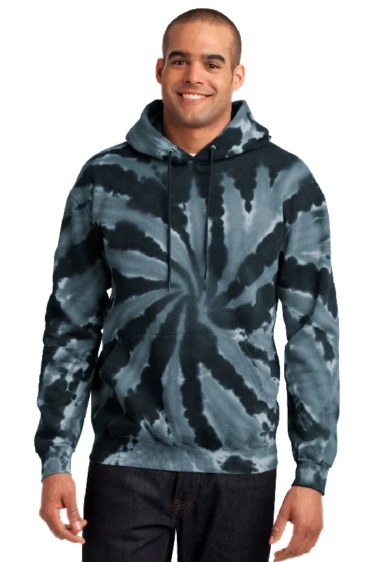 Men's functional fleece hoodie-Port & Company Mens Tie-Dye Fleece Hooded Sweatshirt Hoodie w/ Pouch Pocket - Black