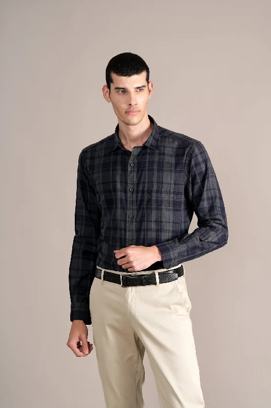 Men's high-performance travel wear shirt-Men's Navy Check Full Sleeves Casual Shirt