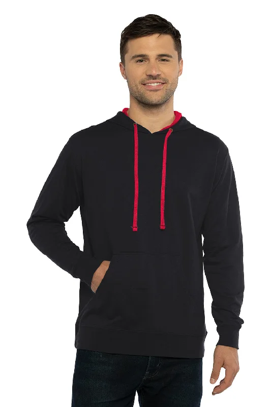 Men's sustainable streetwear hoodie-Next Level Mens French Terry Fleece Hooded Sweatshirt Hoodie w/ Pouch Pocket - Black/Red