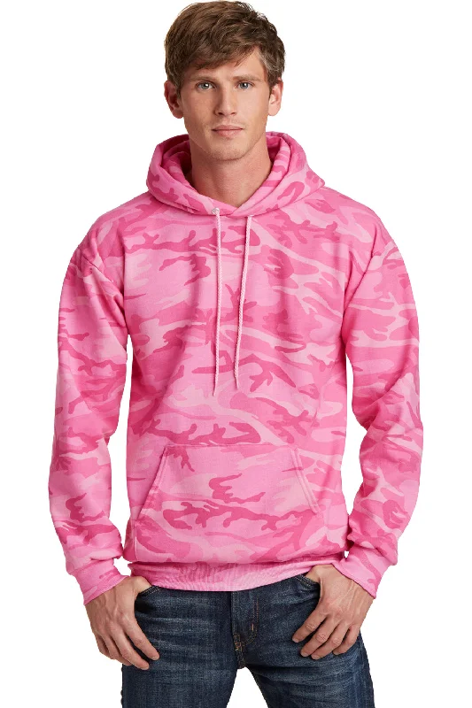 Men's gym-ready travel hoodie-Port & Company Mens Core Pill Resistant Fleece Hooded Sweatshirt Hoodie w/ Pouch Pocket - Pink Camo