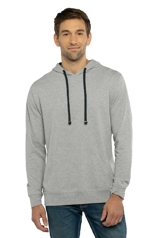 Men's relaxed fit travel hoodie-Next Level Mens French Terry Fleece Hooded Sweatshirt Hoodie w/ Pouch Pocket - Heather Grey/Midnight Navy Blue