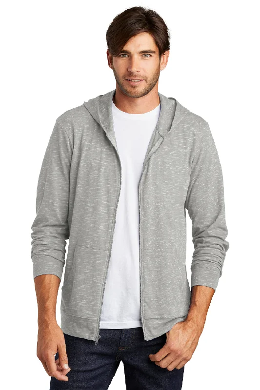 Men's ultra-light streetwear hoodie-District Mens Medal Full Zip Hooded Sweatshirt Hoodie w/ Pockets - Light Grey