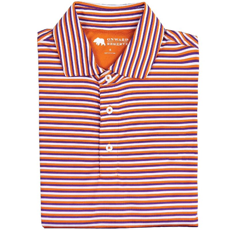 Men's lightweight gym wear shirt-Triple Stripe Performance Polo - Orange/Purple