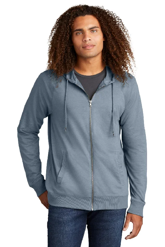 Men's breathable athletic hoodie-District Mens French Terry Full Zip Hooded Sweatshirt Hoodie w/ Pockets - Heather Flint Blue