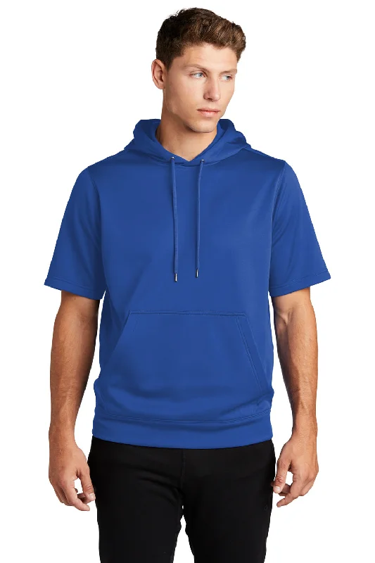 Men's high-stretch running hoodie-Sport-Tek Mens Moisture Wicking Fleece Short Sleeve Hooded Sweatshirt Hoodie w/ Pouch Pocket - True Royal Blue