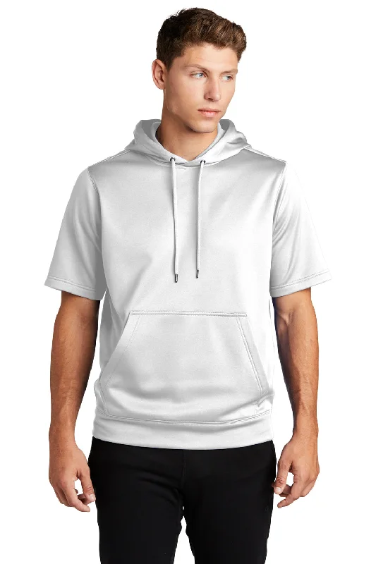 Men's gym-ready workout hoodie-Sport-Tek Mens Moisture Wicking Fleece Short Sleeve Hooded Sweatshirt Hoodie w/ Pouch Pocket - White