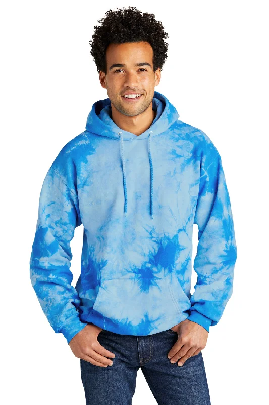 Men's wrinkle-resistant travel hoodie-Port & Company Mens Crystal Tie-Dye Hooded Sweatshirt Hoodie w/ Pouch Pocket - Sky Blue