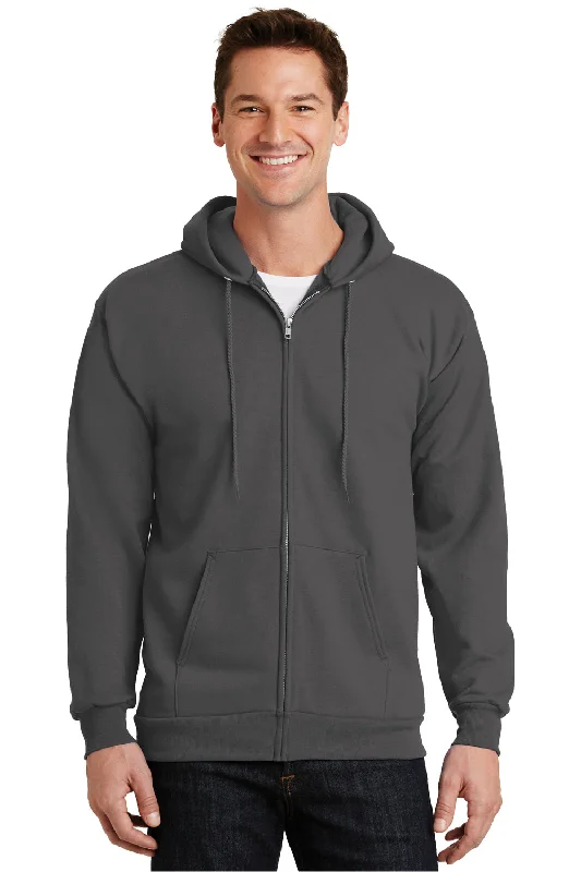 Men's relaxed fit athletic hoodie-Port & Company Mens Essential Pill Resistant Fleece Full Zip Hooded Sweatshirt Hoodie w/ Pockets - Charcoal Grey