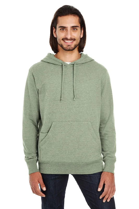 Men's modern travel hoodie-Threadfast Apparel Mens French Terry Hooded Sweatshirt Hoodie w/ Pouch Pocket - Heather Army Green - Closeout