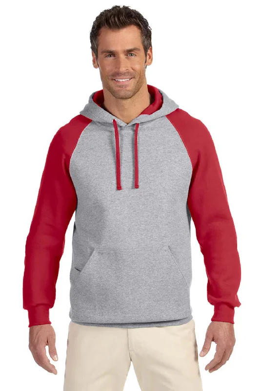 Men's antibacterial athletic hoodie-Jerzees Mens NuBlend Pill Resistant Fleece Hooded Sweatshirt Hoodie w/ Pouch Pocket - Oxford Grey/True Red