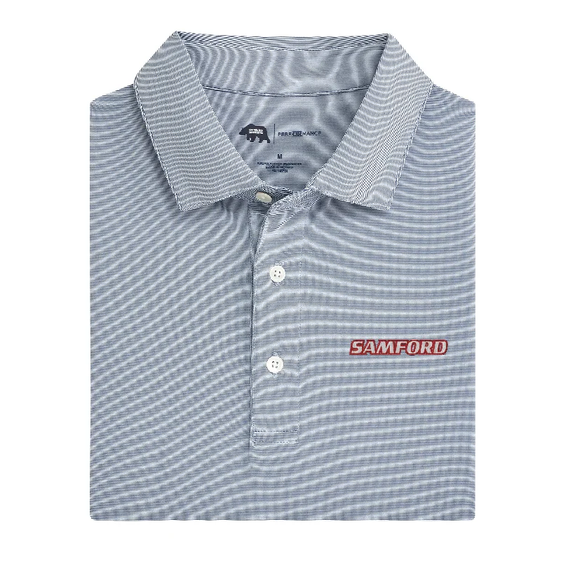 Men's organic travel wear polo shirt-Hairline Stripe Samford Performance Polo - True Navy