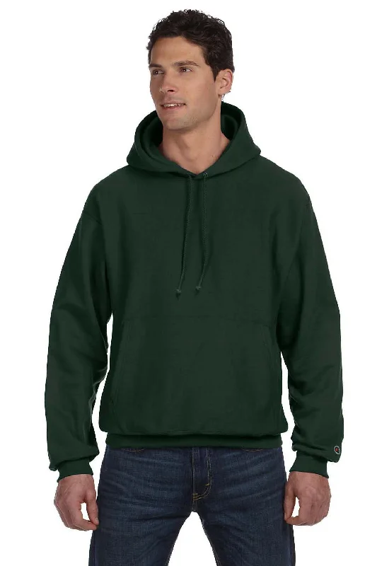 Men's quick-dry pullover hoodie-Champion Mens Shrink Resistant Hooded Sweatshirt Hoodie w/ Pouch Pocket - Dark Green