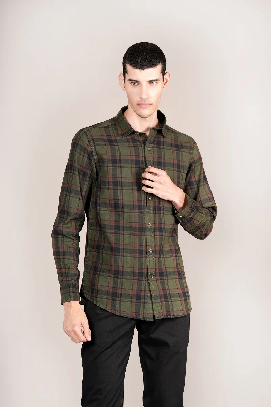 Men's wrinkle-free office wear shirt-Men's Green Check Full Sleeves Casual Shirt