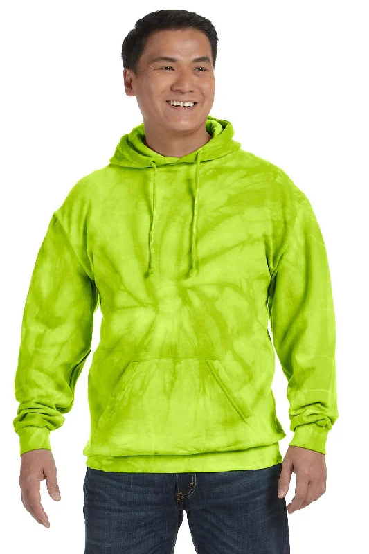 Men's gym performance running hoodie-Tie-Dye Mens Hooded Sweatshirt Hoodie w/ Pouch Pocket - Lime Green