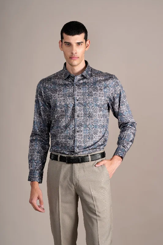 Men's versatile travel wear shirt-Men's Grey Printed Partywear Full Sleeves Shirt