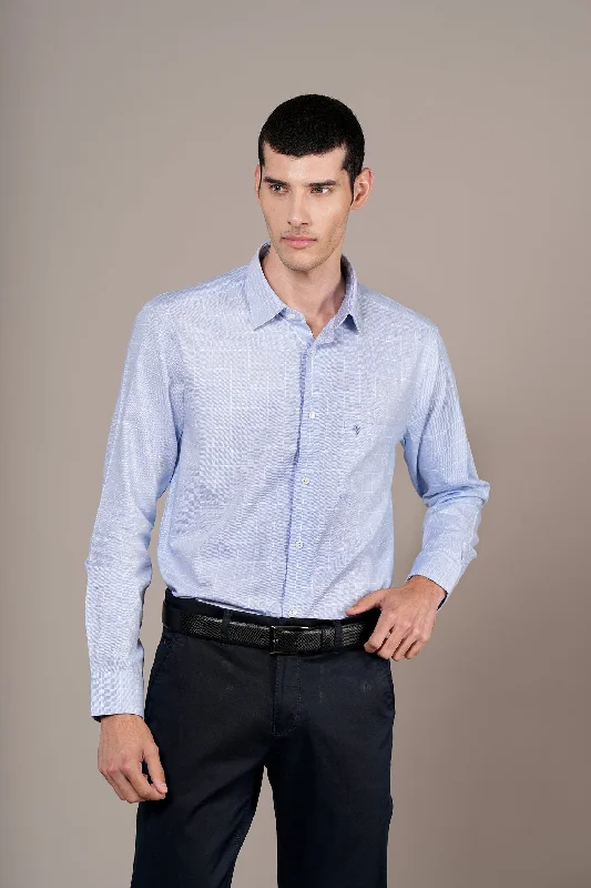 Men's breathable casual wear shirt-Men's Sky Blue Check Full Sleeves Formal Shirt