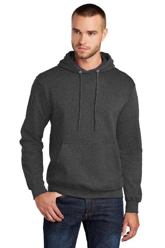 Men's versatile running hoodie-Port & Company Mens Core Pill Resistant Fleece Hooded Sweatshirt Hoodie w/ Pouch Pocket - Heather Dark Grey