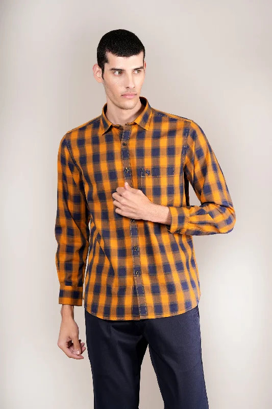 Men's gym-ready travel wear shirt-Men's Mustard Check Full Sleeves Casual Shirt