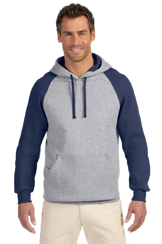 Men's wrinkle-resistant travel hoodie-Jerzees Mens NuBlend Pill Resistant Fleece Hooded Sweatshirt Hoodie w/ Pouch Pocket - Oxford Grey/Navy Blue