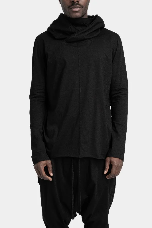 Men's hiking sweater-Asymmetrical hooded long sleeve T-Shirt, Black