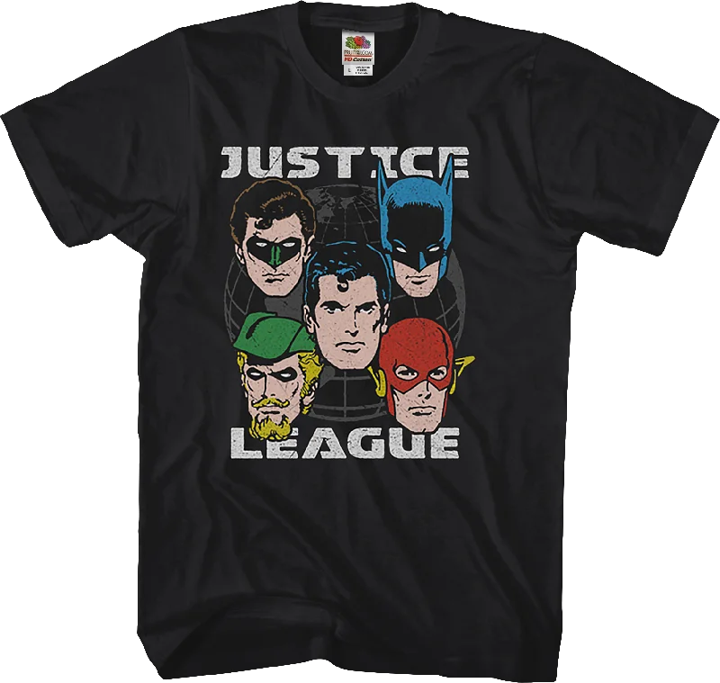 Men's earthy tones t-shirt-Heads of Justice League DC Comics T-Shirt