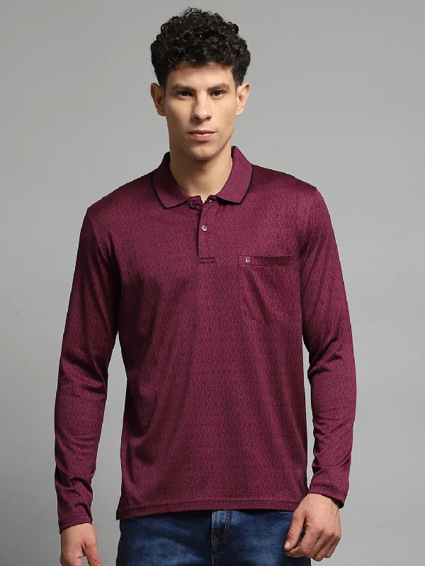 Men's double-layer t-shirt-Men Maroon Self Design Collar Full Sleeve Winter T-Shirt