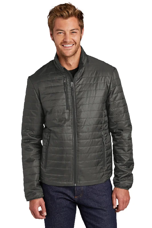 Men's ultra-lightweight anorak-Port Authority Mens Water Resistant Packable Puffy Full Zip Jacket - Sterling Grey/Graphite Grey