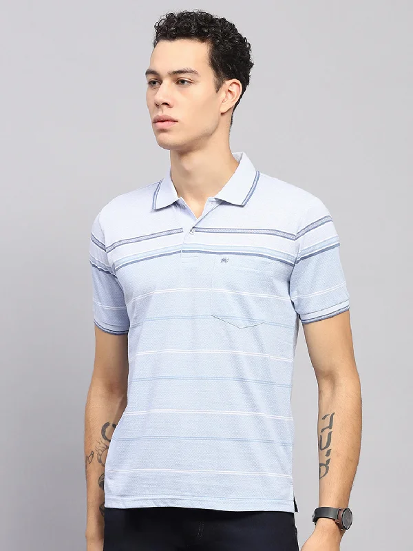 Men's ultra-breathable t-shirt-Men Blue Stripe Collar Half Sleeve T-Shirt