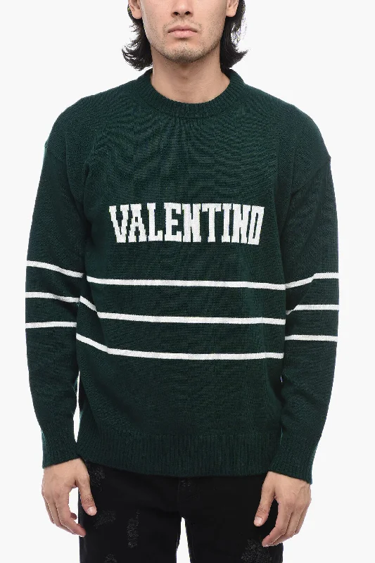 Men's pajama sweater-Valentino Striped Crewneck Sweater with Logo Lettering