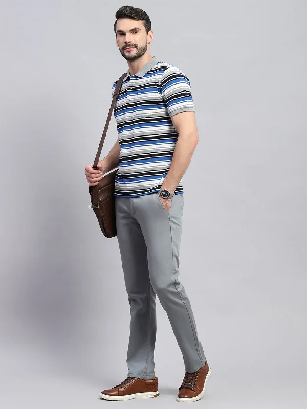 Men's versatile wear t-shirt-Men Grey & Blue Stripe Collar Half Sleeve T-Shirt