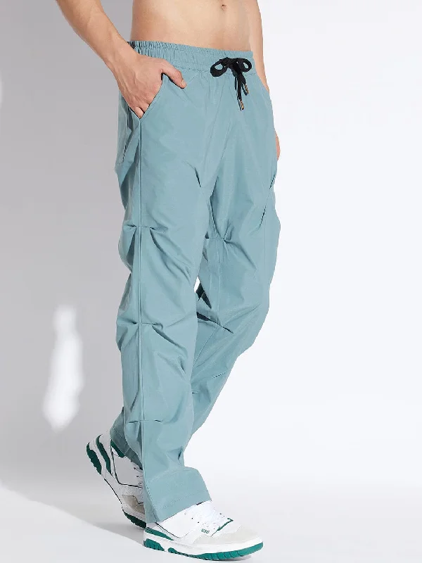 mens iron-free slacks-Teal Parachute Pleated Trackpants