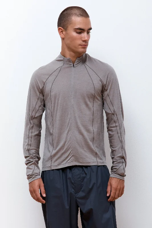 Men's performance-enhancing t-shirt-Wool Half-Zip LS Tee Grey Beige