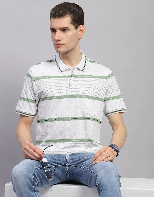 Men's classic style t-shirt-Men Green Stripe Collar Half Sleeve T-Shirt