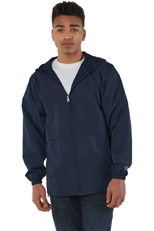 Men's wrinkle-resistant jacket-Champion Mens Wind & Water Resistant Full Zip Hooded Anorak Jacket - Navy Blue