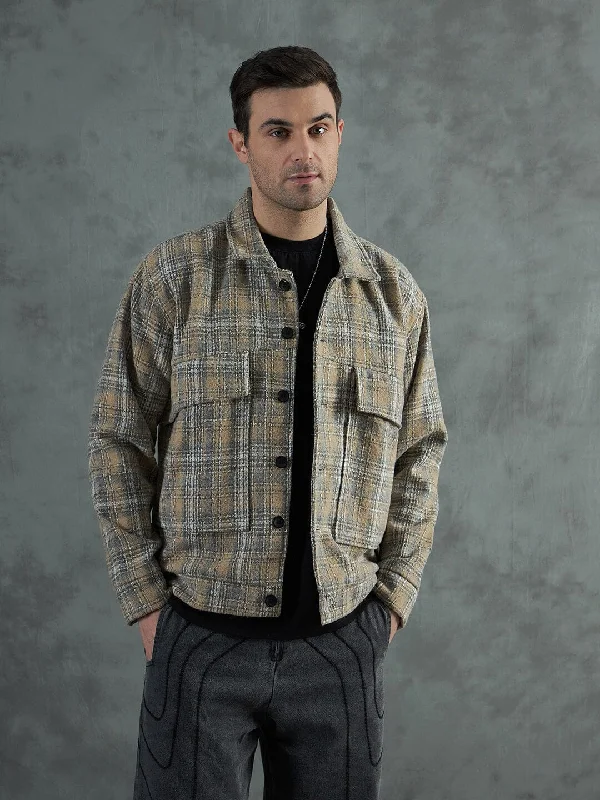 Men's organic raincoat-Biege Checkered Tweed Cropped Jacket