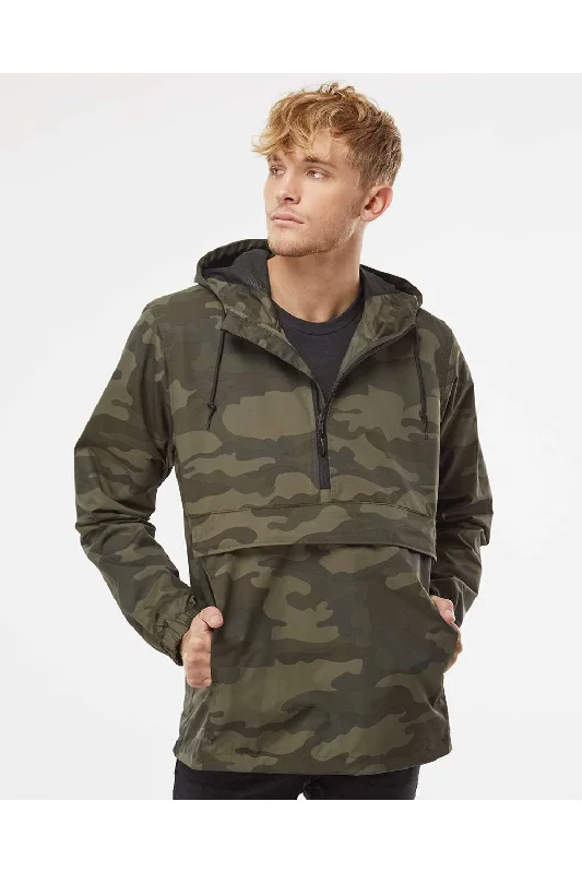 Men's high-performance hiking jacket-Independent Trading Co. Mens 1/4 Zip Waterproof Hooded Anorak Jacket - Forest Green Camo